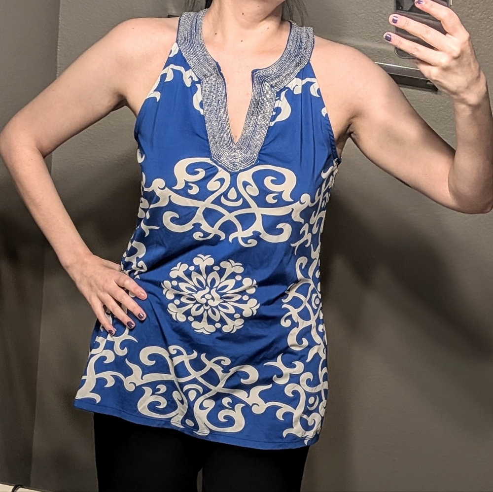 INC International Concepts Blue and White Patterned Tunic